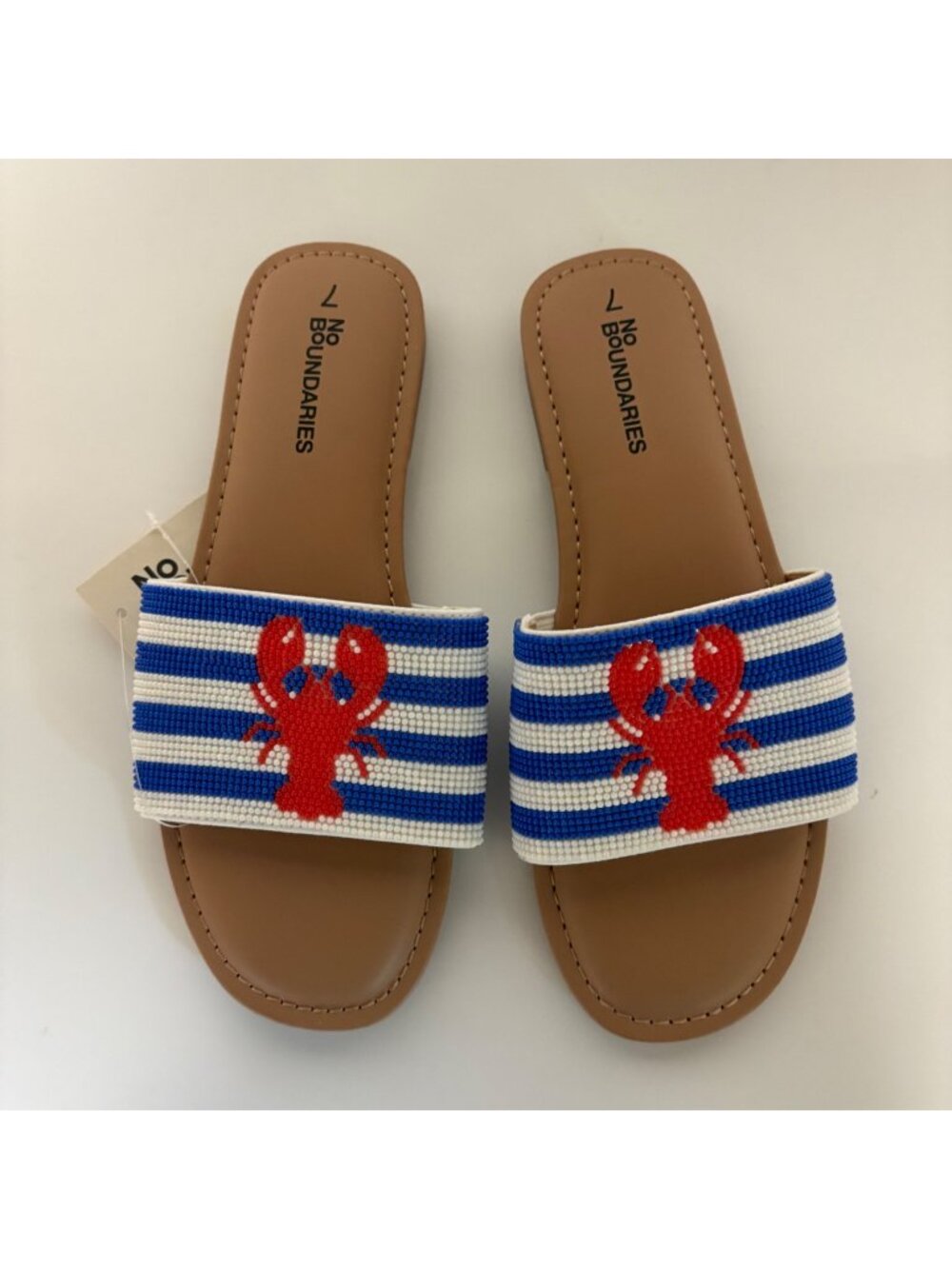 No Boundaries Beaded Lobster Slide Sandals Womens Size 7 Blue White Stripe Shoe